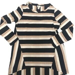 B New York Striped‎ Long Sleeve Tunic Top Womens Medium Black Tan White